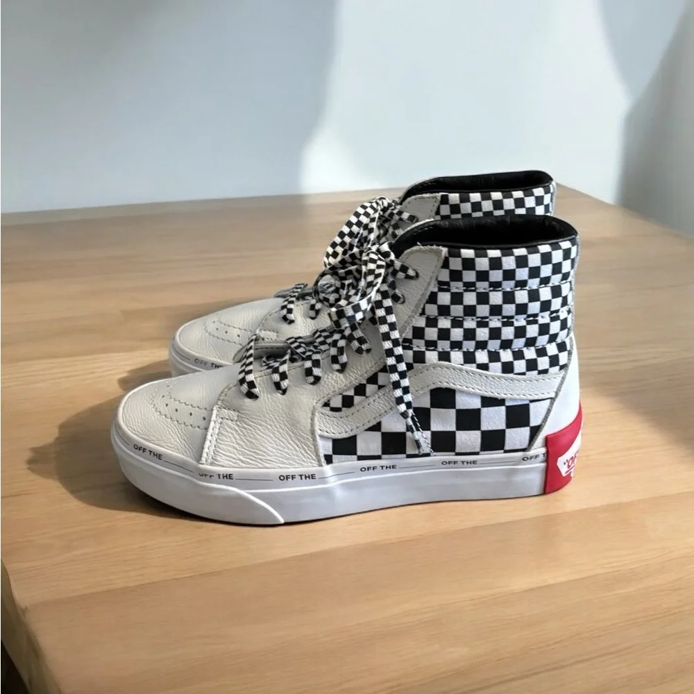 Vans Sk8 White Black Checkered High-Top Sneakers with Checkered Laces.